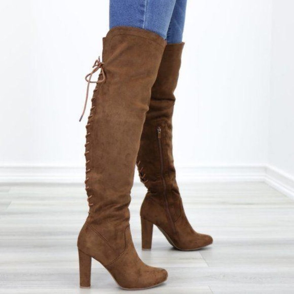 Suede Over The Knee Heeled Boots With Lace Up Back - Picture 9 of 13